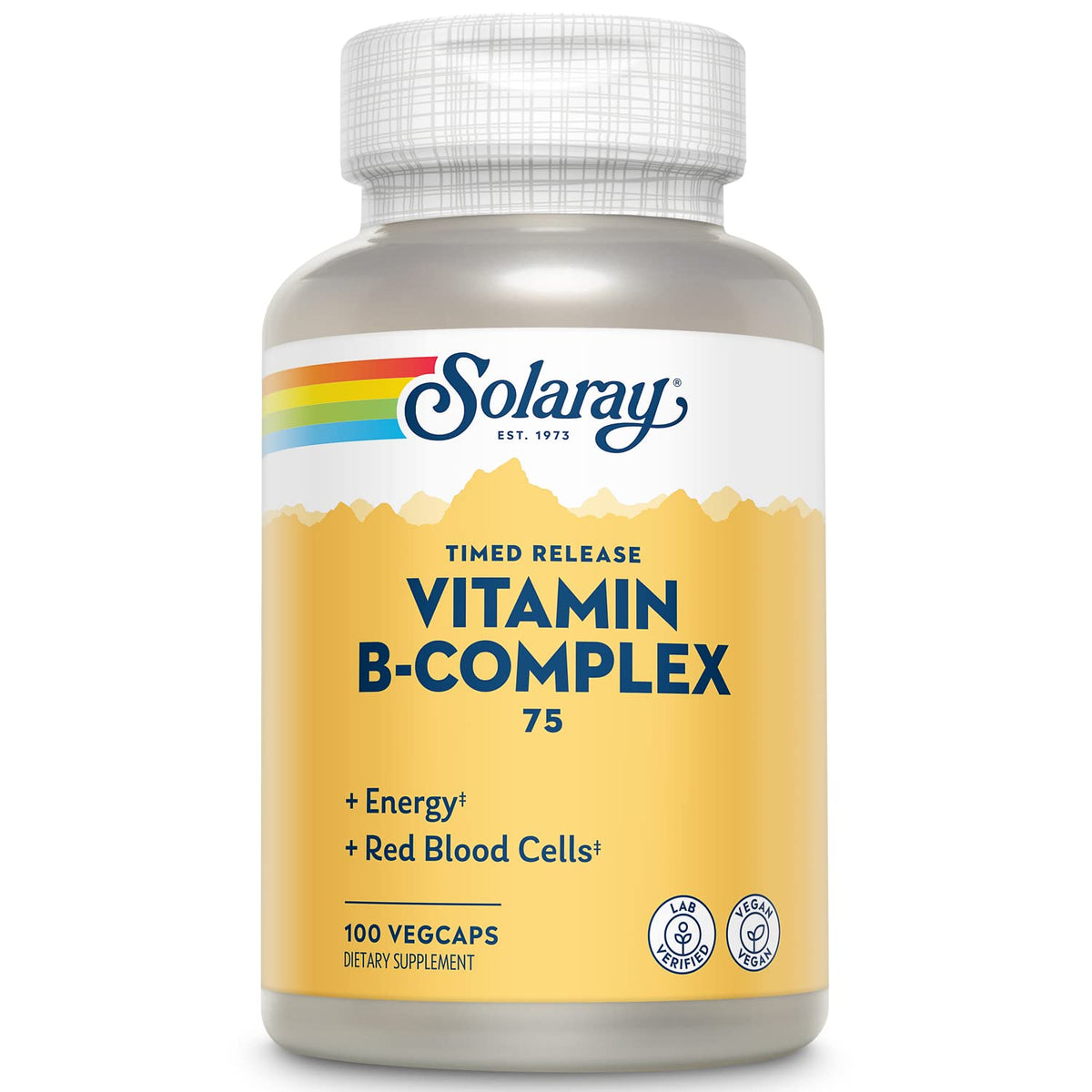 SOLARAY Vitamin B-Complex 75mg bottle on table for daily energy support