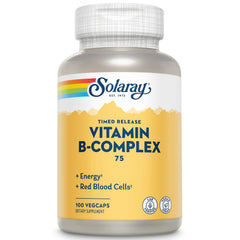 SOLARAY Vitamin B-Complex 75mg bottle on table for daily energy support
