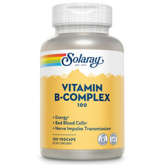 SOLARAY Vitamin B Complex bottle front with vegan capsules for energy support.