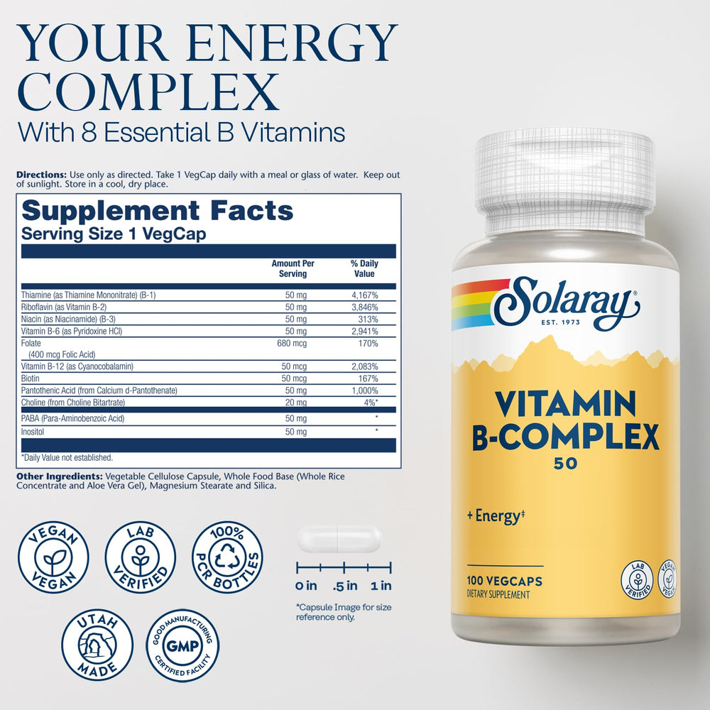 Pouring Solaray Vitamin B Complex bottle for convenient daily intake.