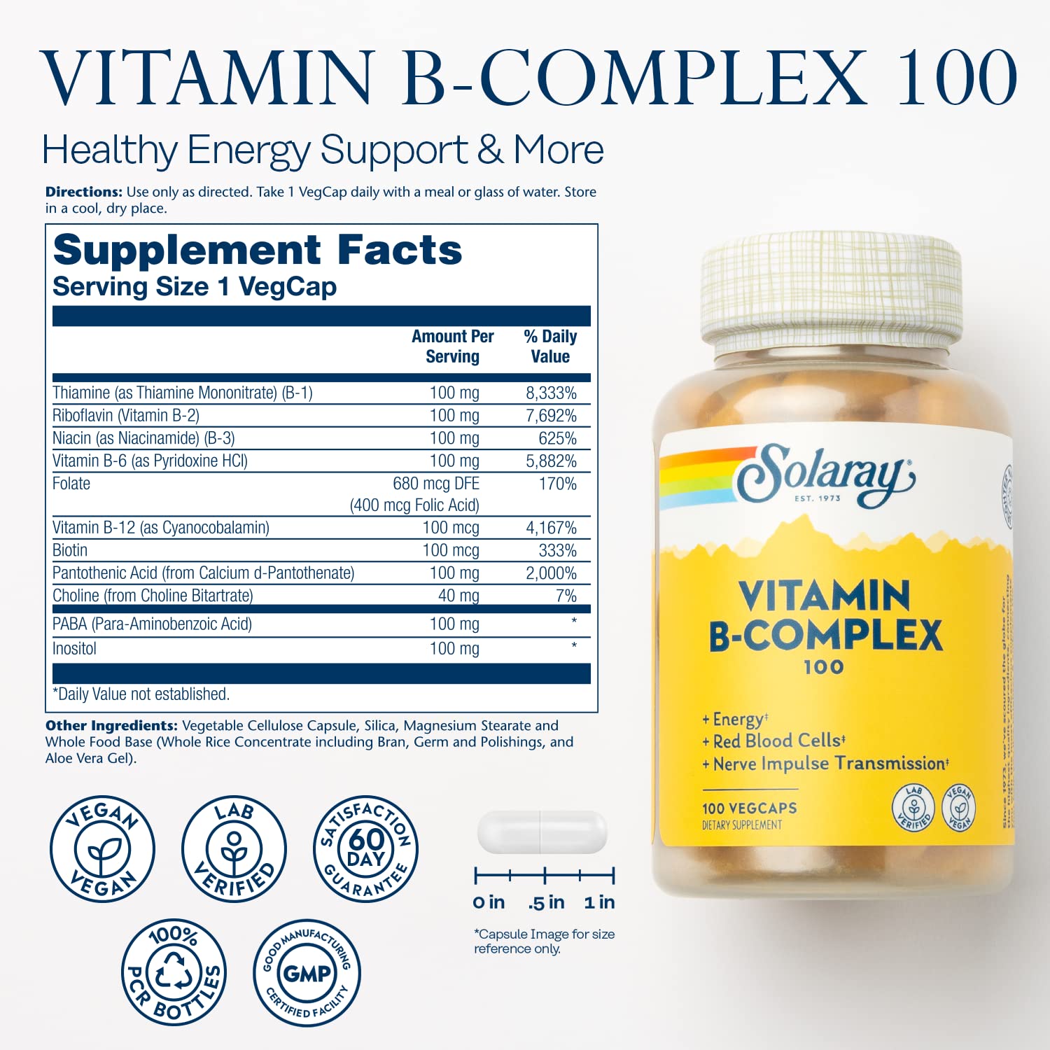 Close-up of SOLARAY Vitamin B Complex capsules showing biotin for hair, skin, and nails.