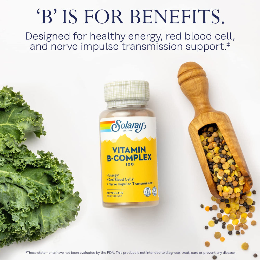 SOLARAY Vitamin B Complex capsules close-up showing small, easy-to-swallow capsules.