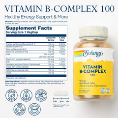Close-up of SOLARAY Vitamin B Complex capsules showing biotin for hair, skin, and nails.