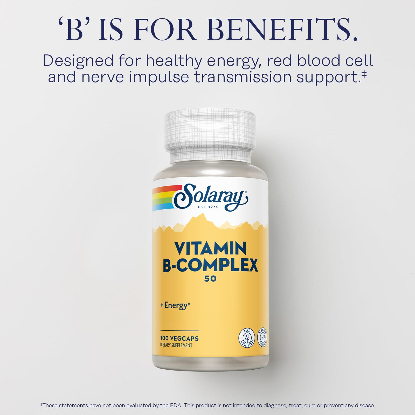 Solaray Vitamin B Complex capsules delivering essential B vitamins for energy.