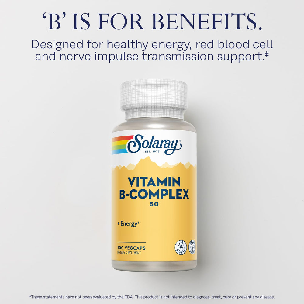 Solaray Vitamin B Complex capsules delivering essential B vitamins for energy.
