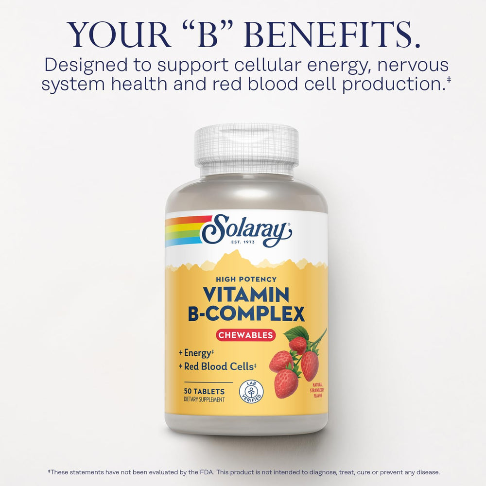 SOLARAY Vitamin B-Complex tablets close-up with strawberry flavor