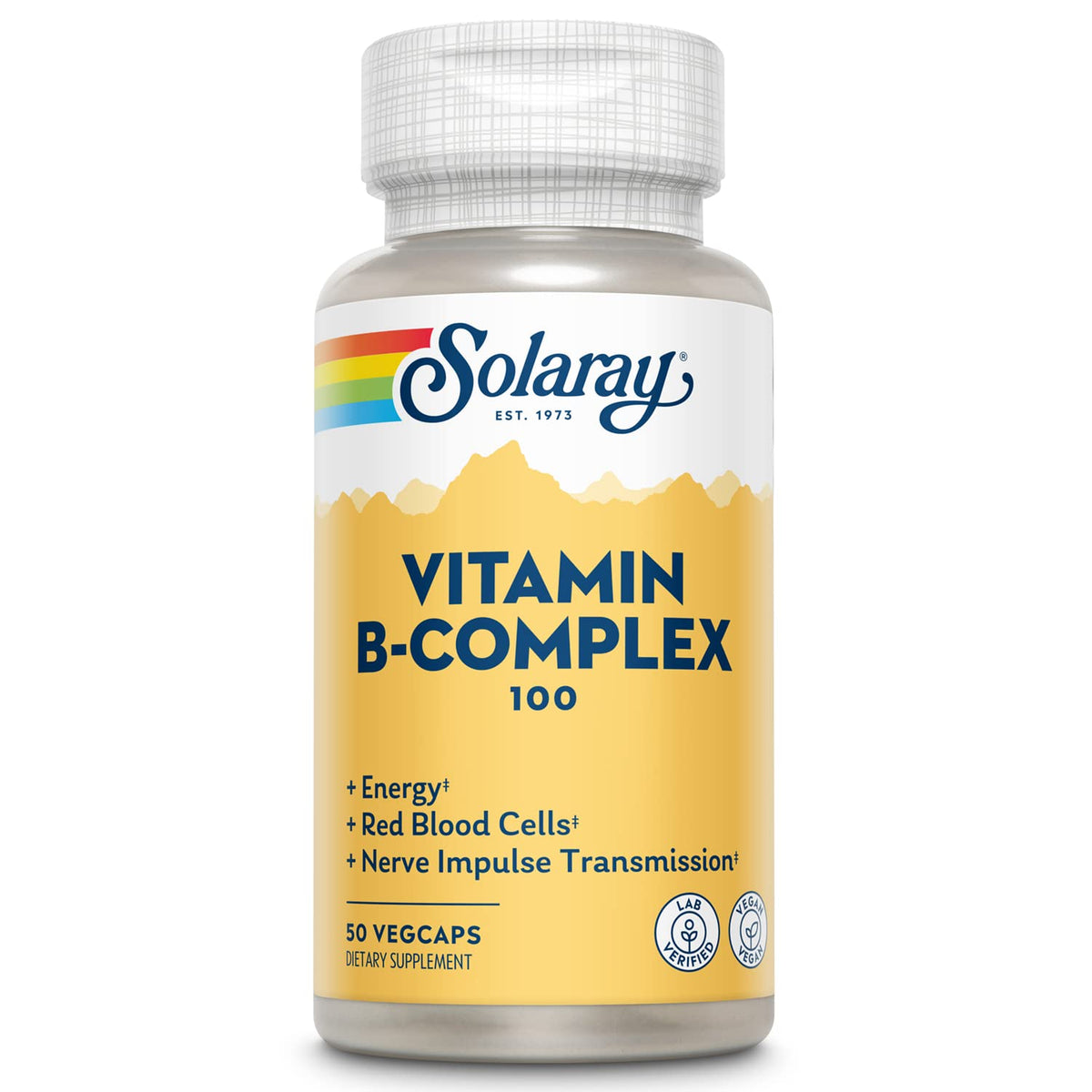 SOLARAY Vitamin B Complex energy bottle helps support daily energy metabolism.
