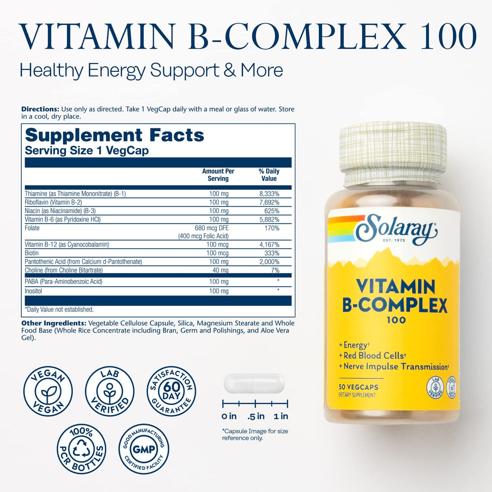 SOLARAY Vitamin B Complex eco-packaging promotes sustainability and recycling.