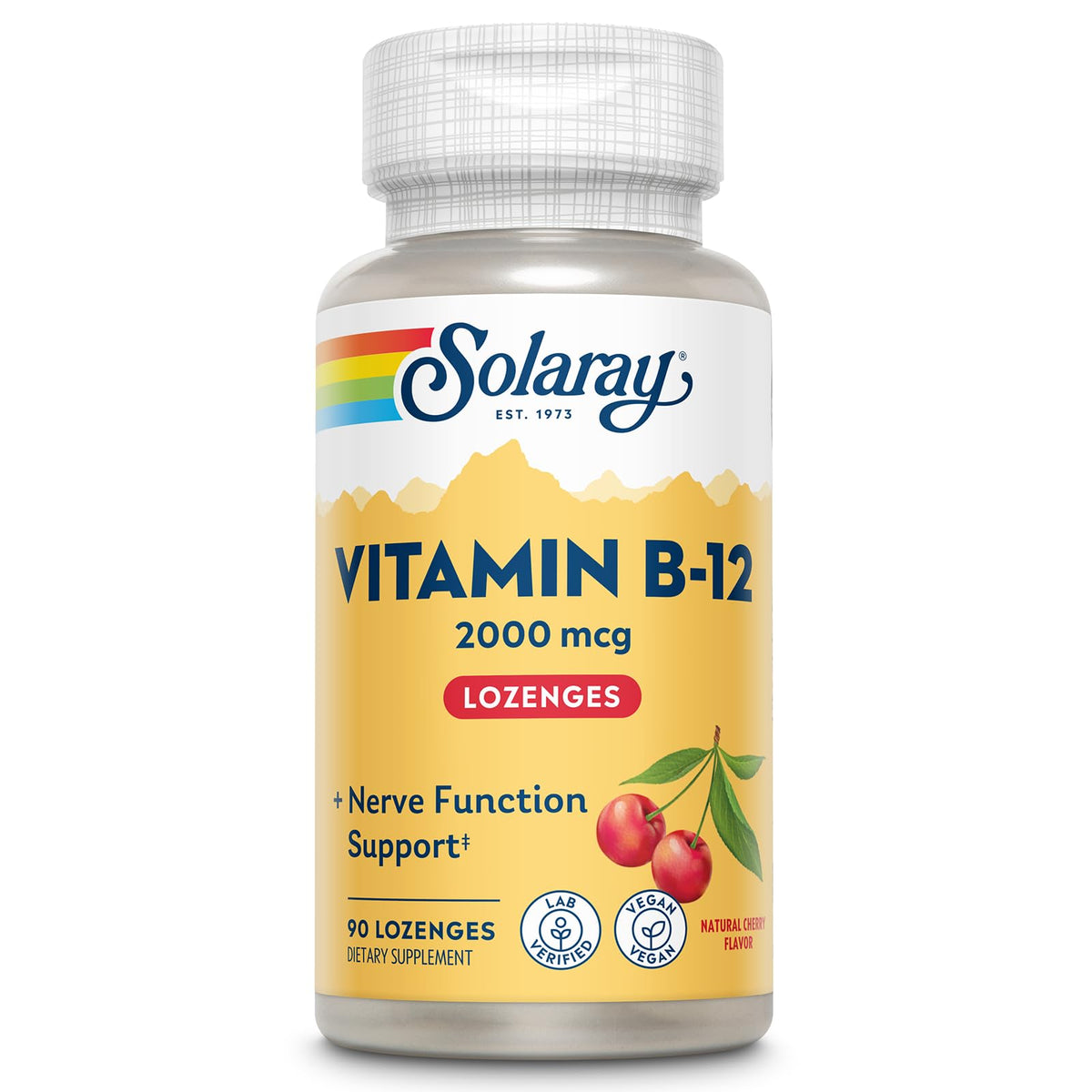 SOLARAY Vitamin B12 lozenges cherry bottle for daily energy support.