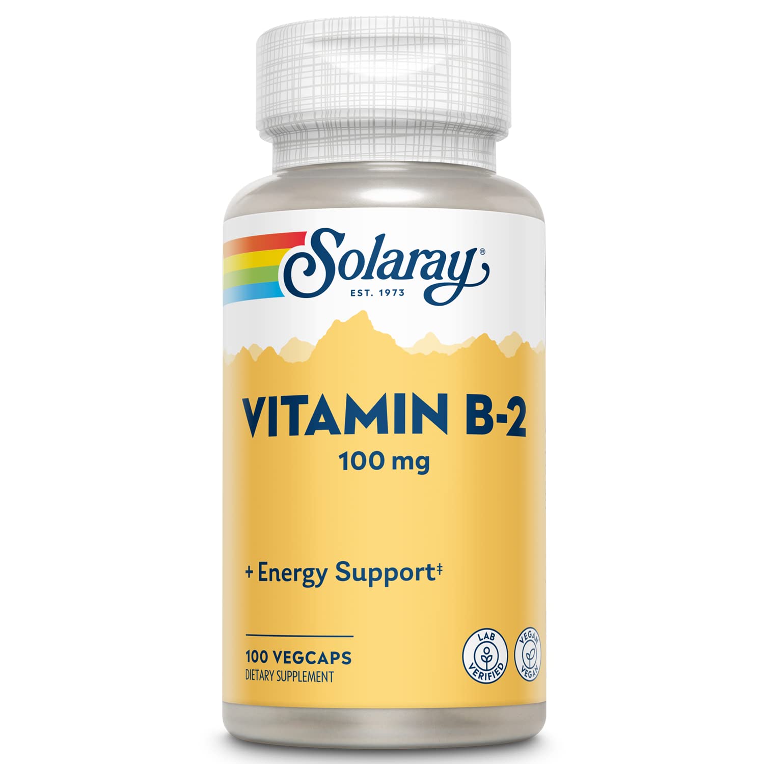 SOLARAY Vitamin B-2 Riboflavin bottle visual showing energy metabolism support.