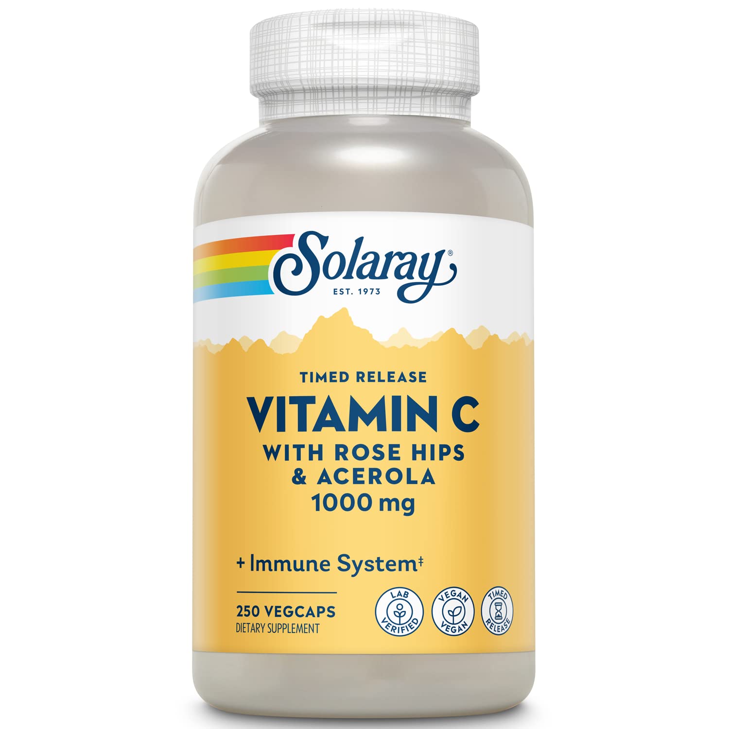 SOLARAY Vitamin C 1000mg bottle front with time release capsules for all day potential.
