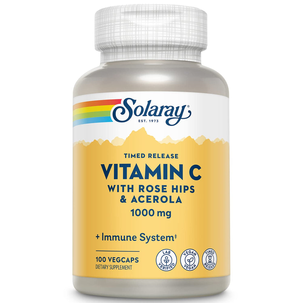 Solaray Vitamin C 1000mg bottle with vegan capsules for daily immune support.