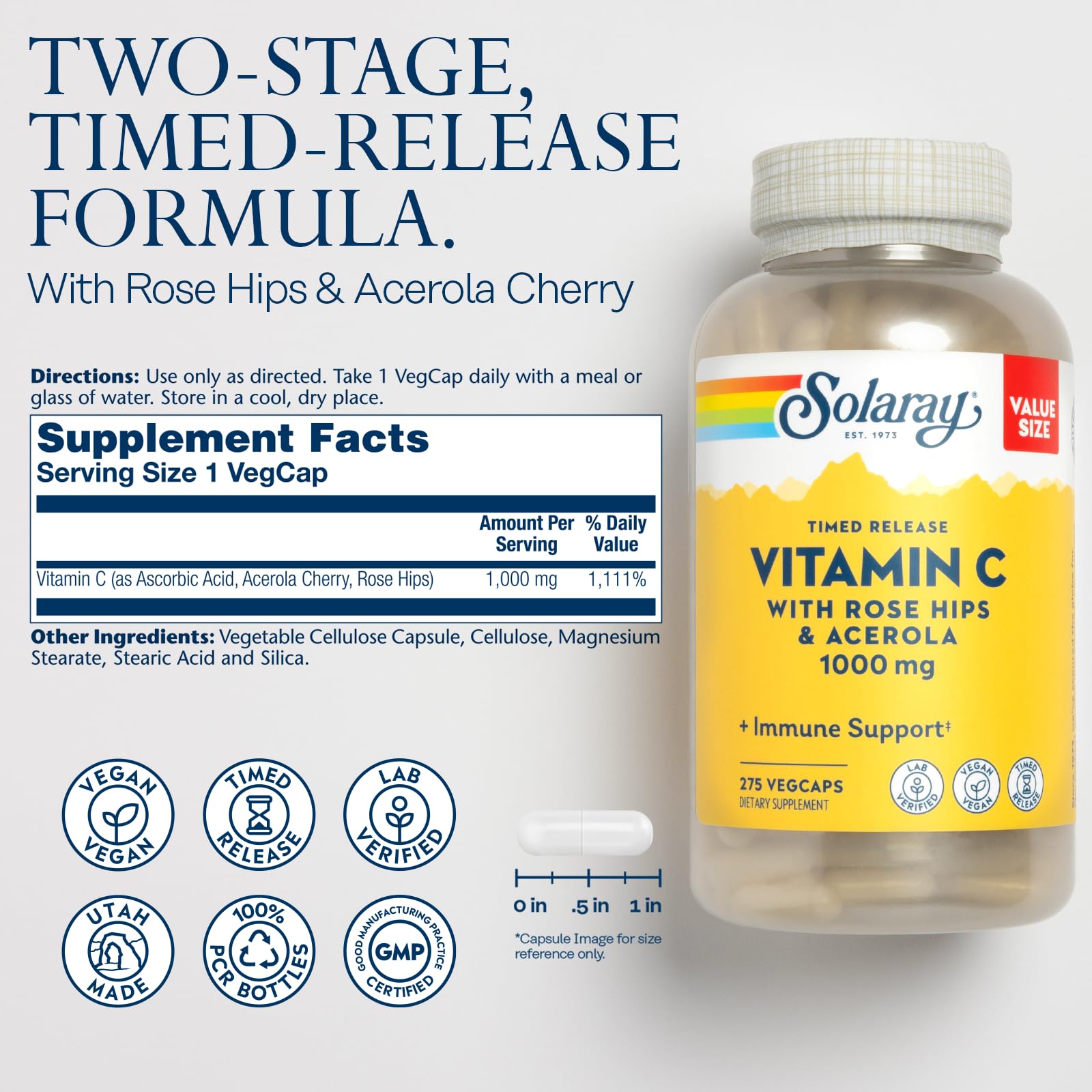 SOLARAY Vitamin C 1000mg capsules close-up for reliable absorption