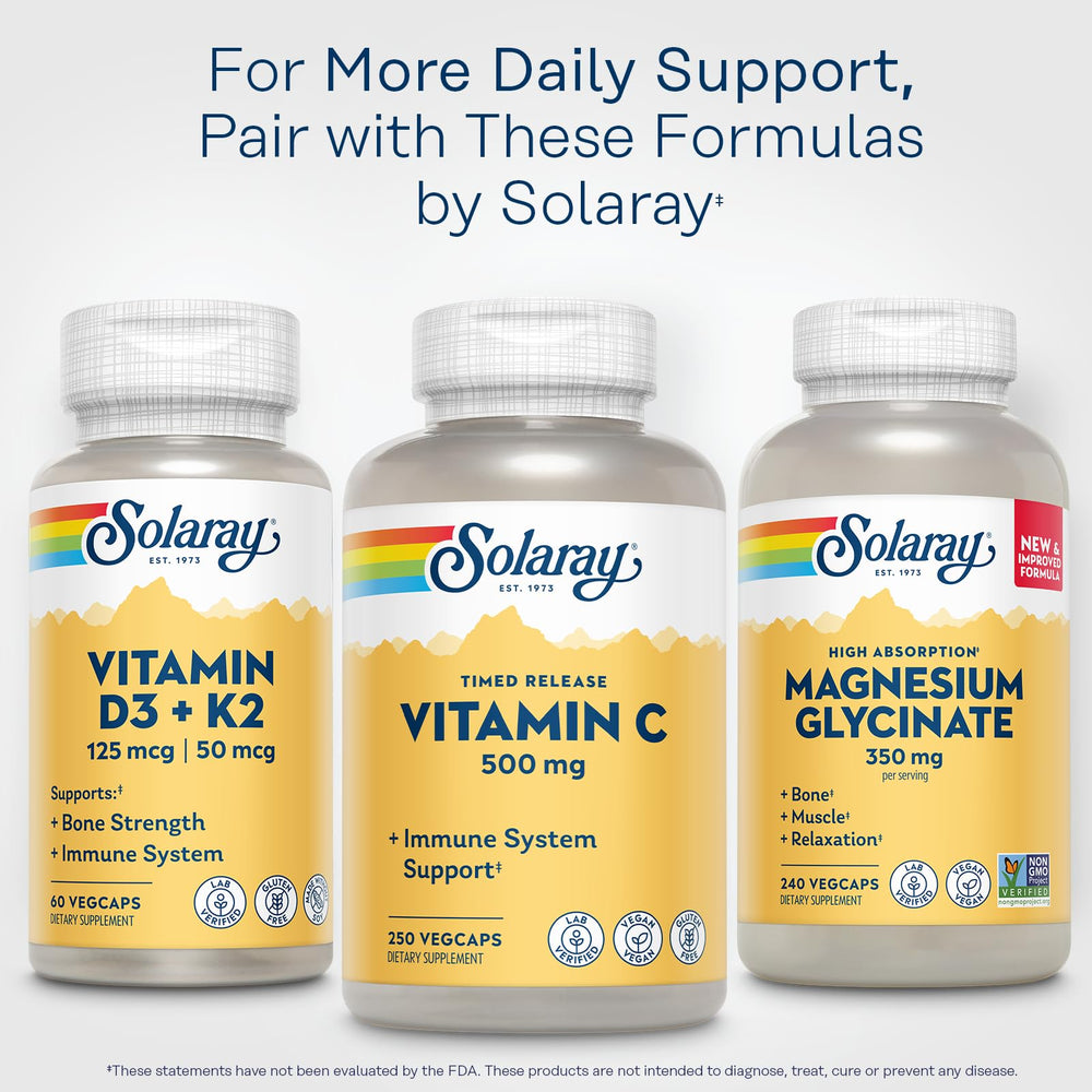 Solaray packaging using post-consumer recycled resin supports eco-friendly choice.