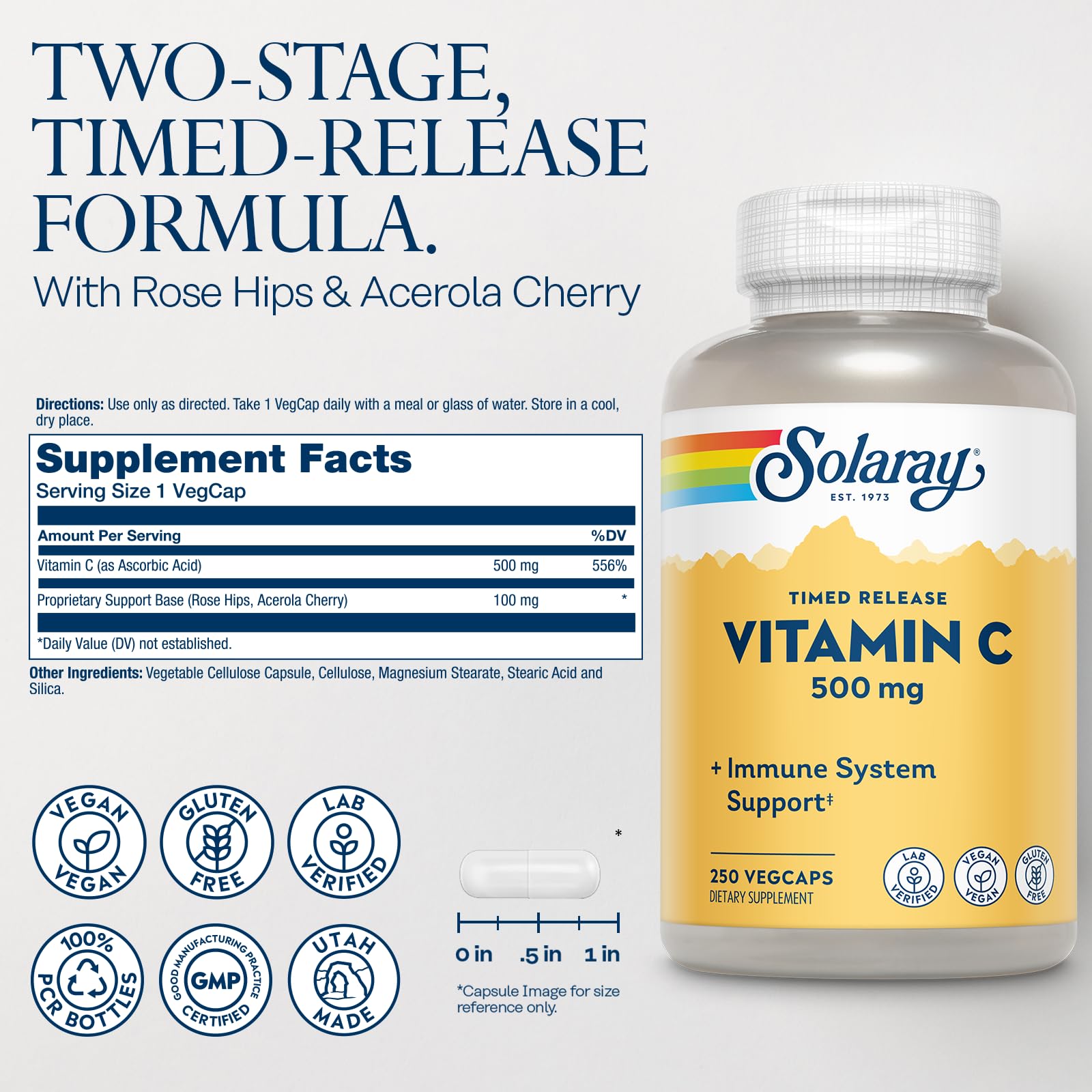 Solaray Vitamin C 500mg with rose hips and acerola blend detail.