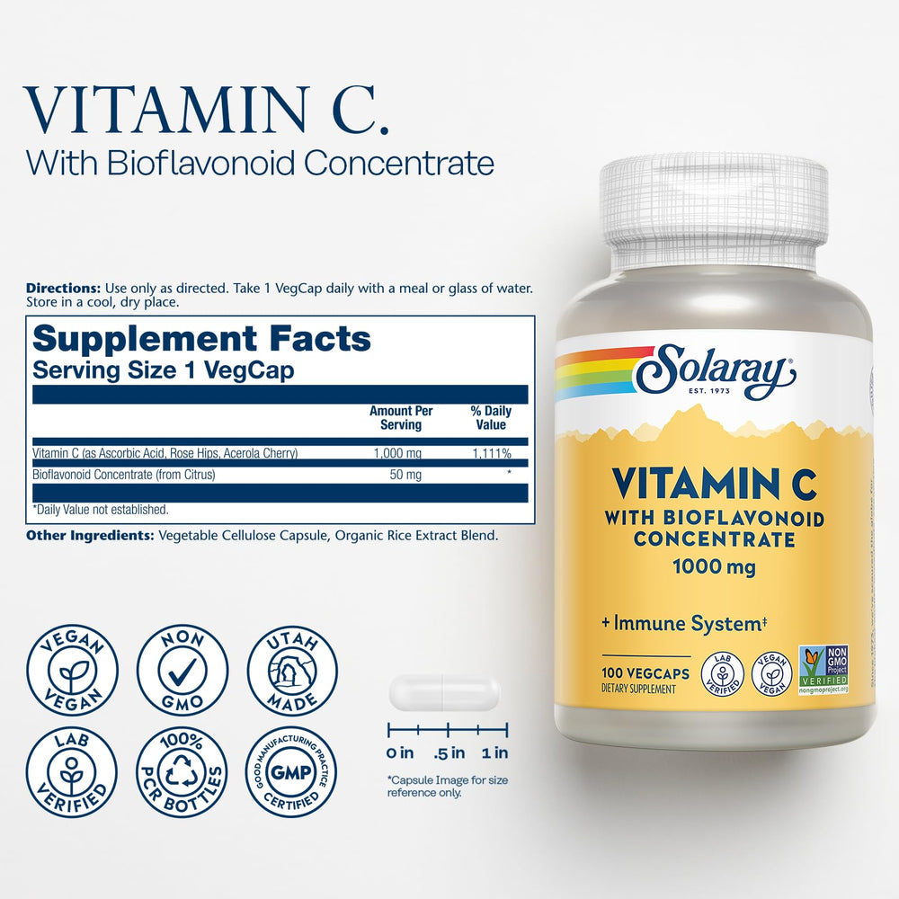 SOLARAY Vitamin C with bioflavonoids close-up of ingredients.