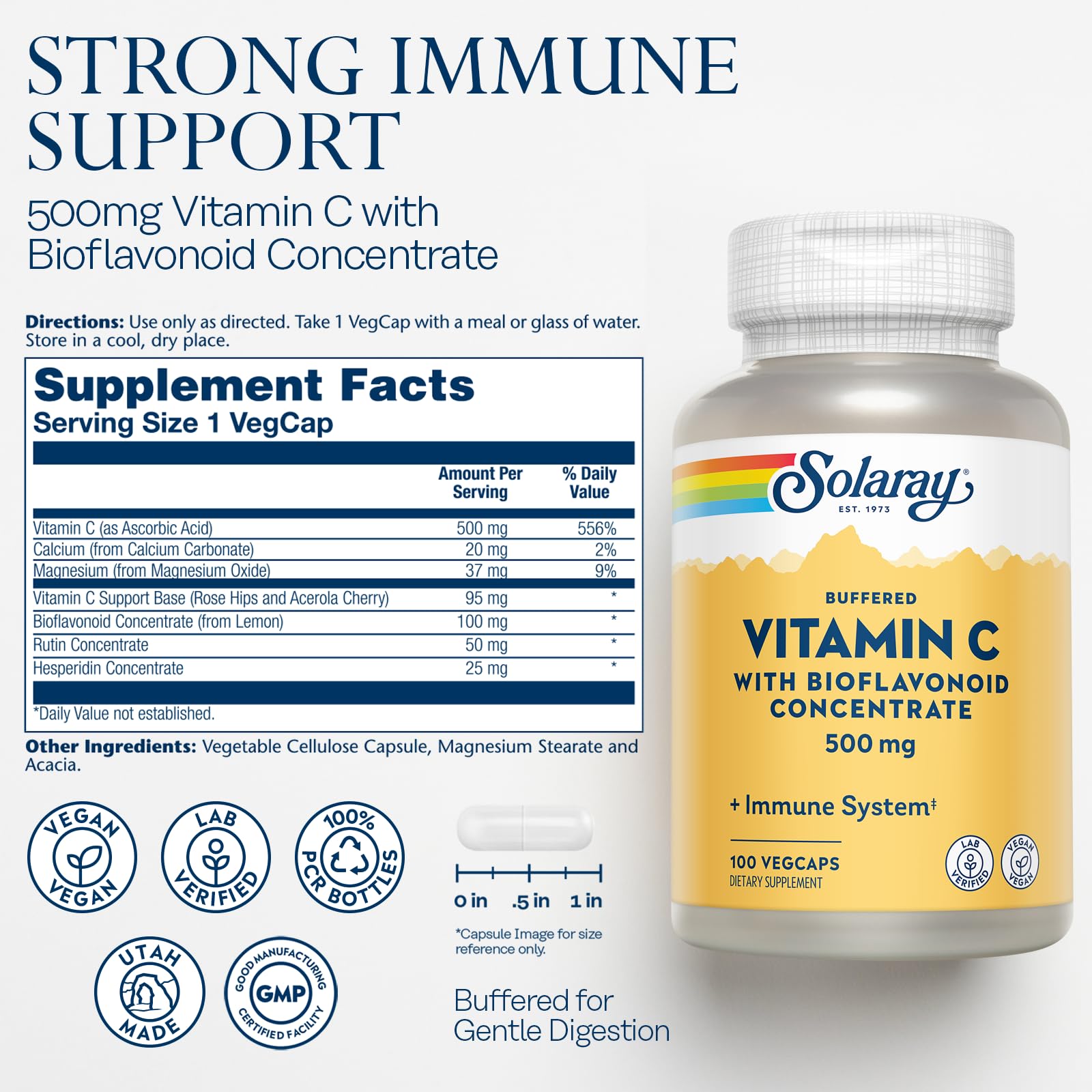 Solaray Vitamin C capsules close-up highlighting vegan capsules and bioflavonoids.