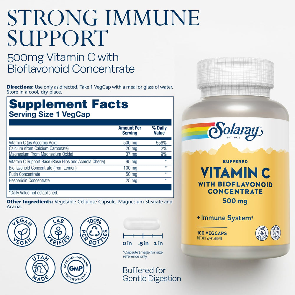 Solaray Vitamin C capsules close-up highlighting vegan capsules and bioflavonoids.