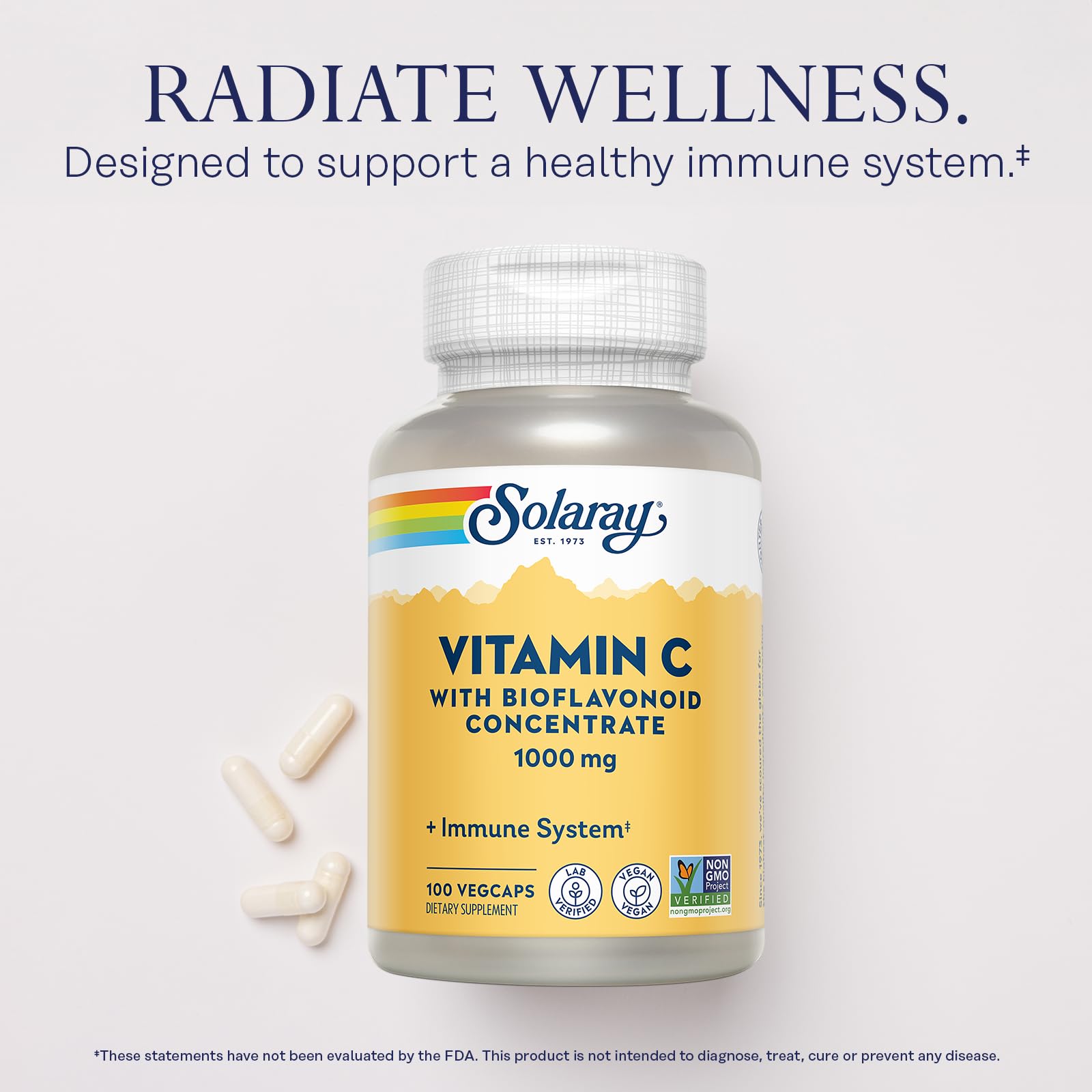 SOLARAY Vitamin C capsules close-up showing vegan, non-GMO formula.