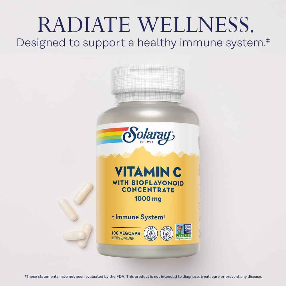 SOLARAY Vitamin C capsules close-up showing vegan, non-GMO formula.