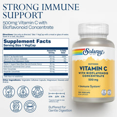 Solaray Vitamin C capsules close-up highlighting vegan capsules and bioflavonoids.