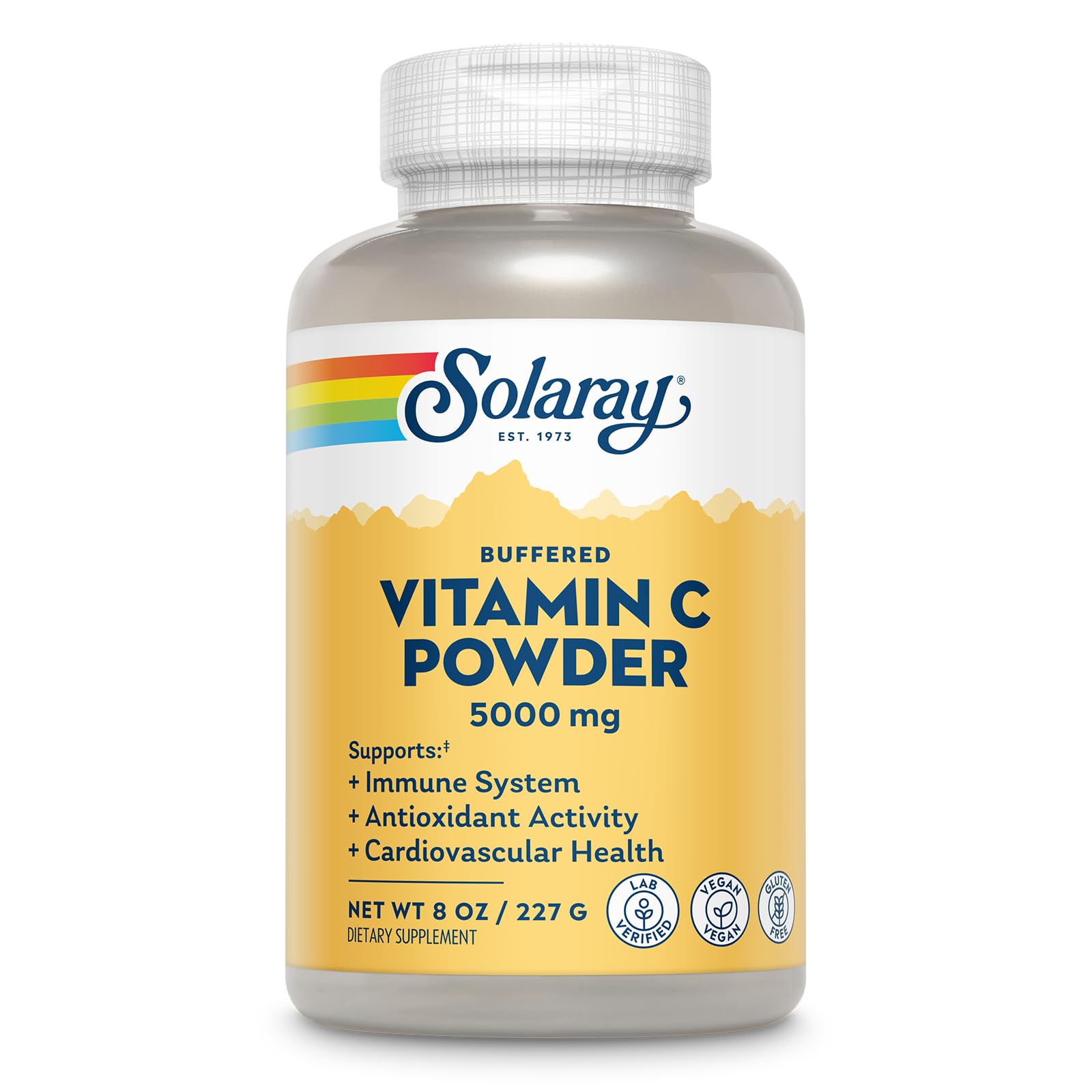 Solaray Vitamin C Powder 5000mg bottle highlighting immune support.