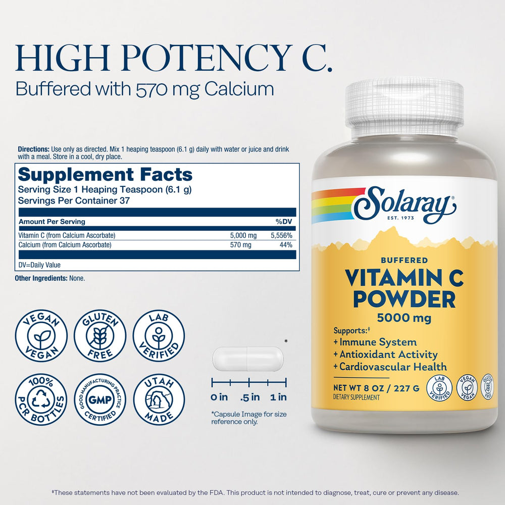 Solaray Vitamin C Powder dissolves easily in water or juice for convenience.