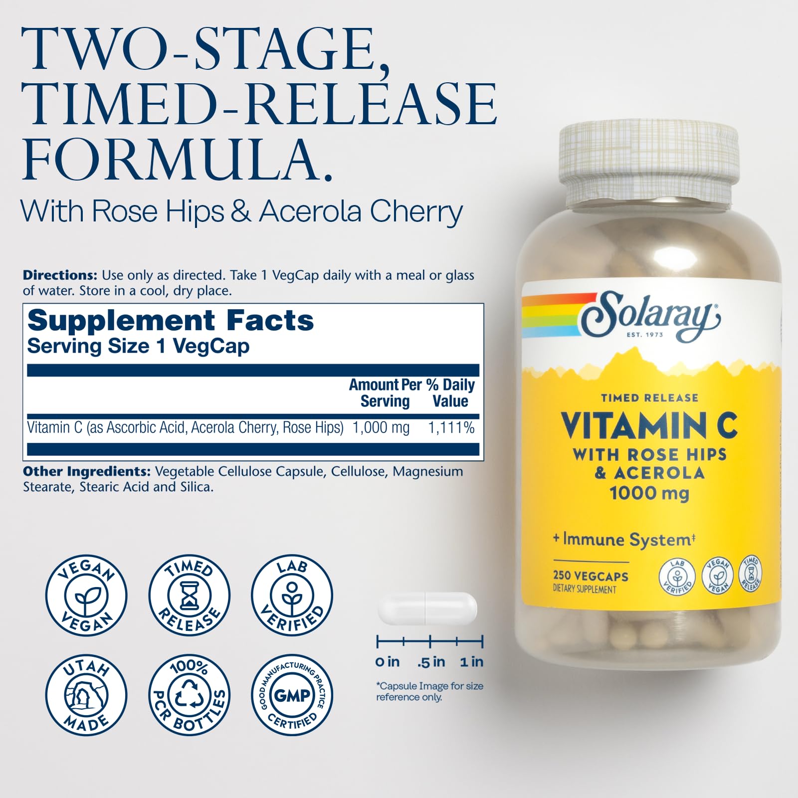 SOLARAY Vitamin C bottle highlights rose hips and acerola for natural bioflavonoids.
