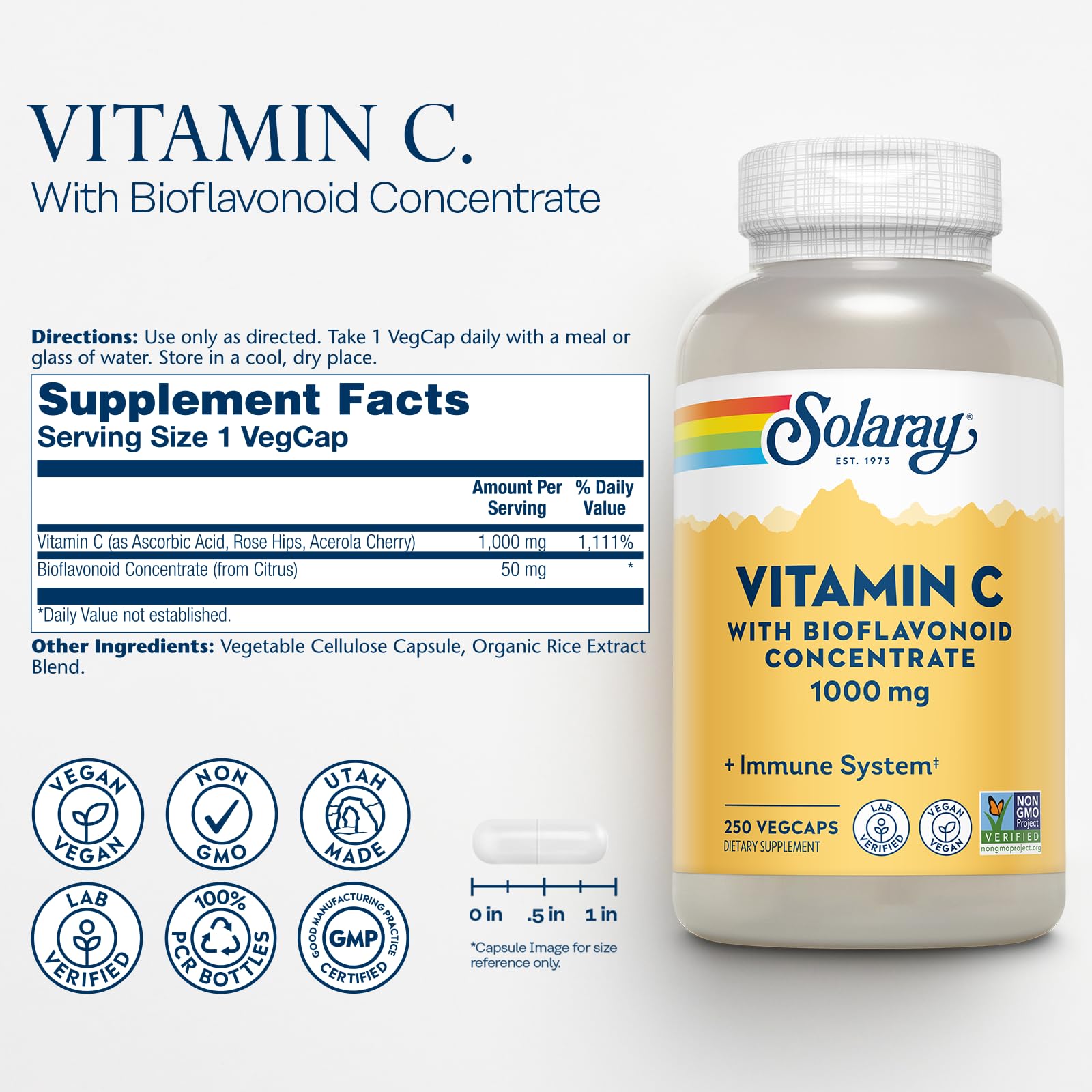 SOLARAY Vitamin C capsules featuring rose hips and acerola for immune support.