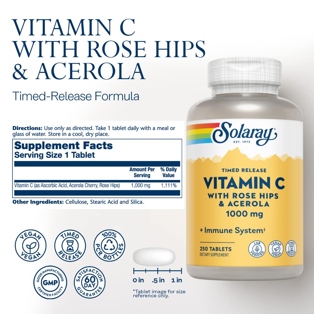 SOLARAY Vitamin C capsules image shows two-stage release for steady daily nourishment.
