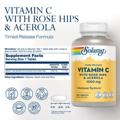 SOLARAY Vitamin C capsules image shows two-stage release for steady daily nourishment.