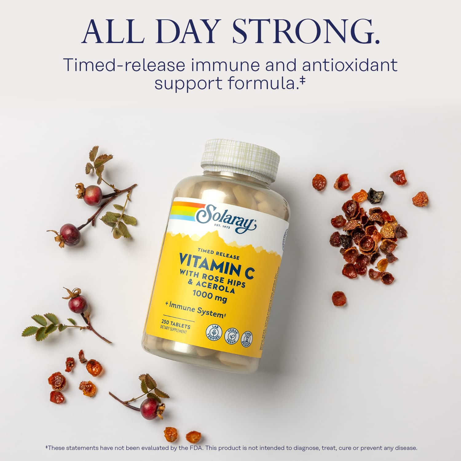SOLARAY Vitamin C label closeup highlights rose hips and acerola ingredients.