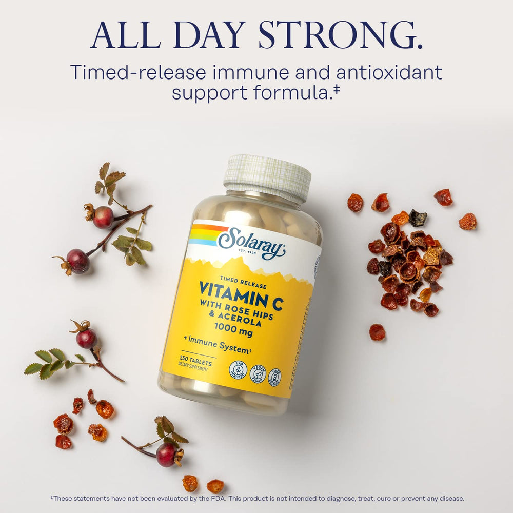SOLARAY Vitamin C label closeup highlights rose hips and acerola ingredients.