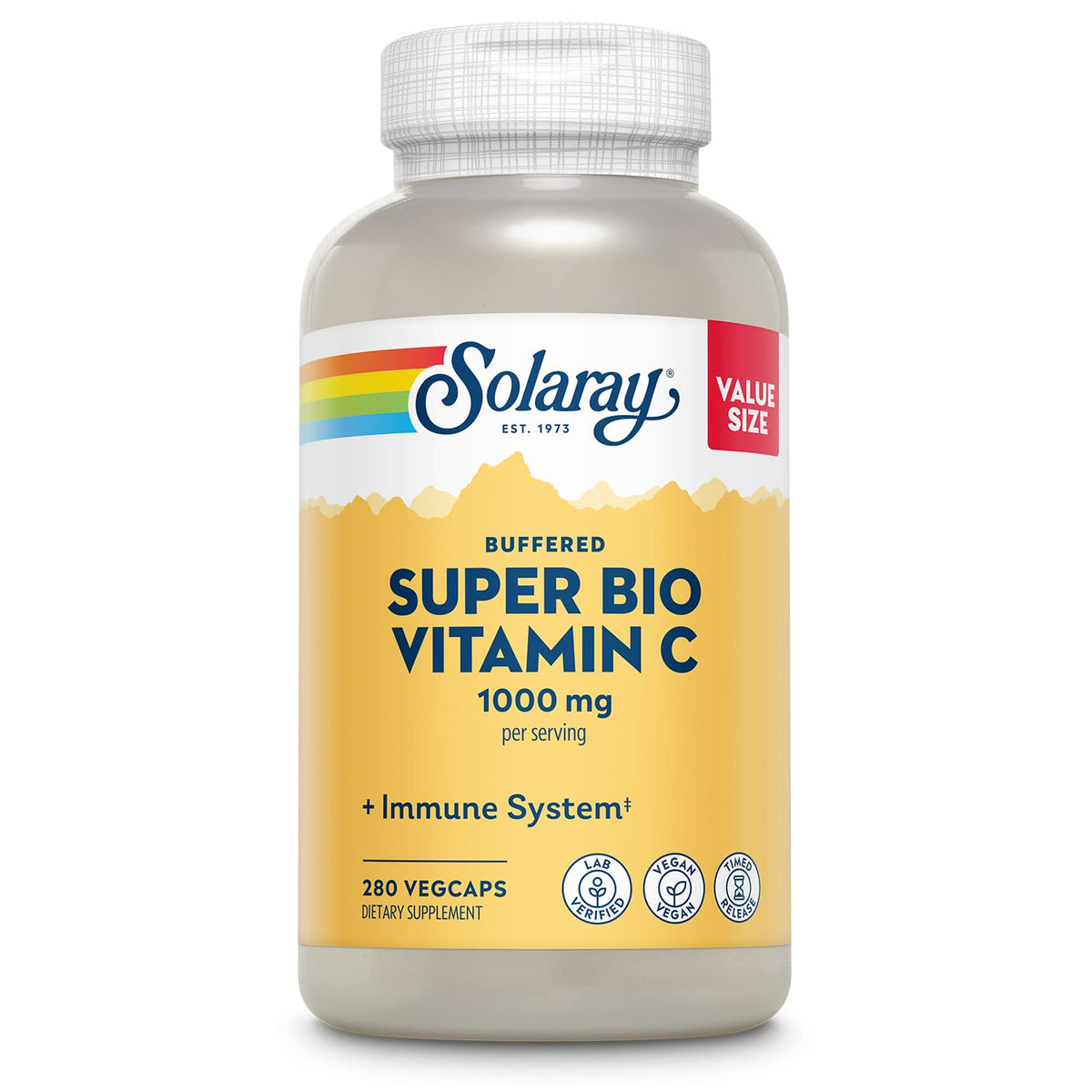 Solaray Vitamin C timed-release bottle closeup for daily immune support