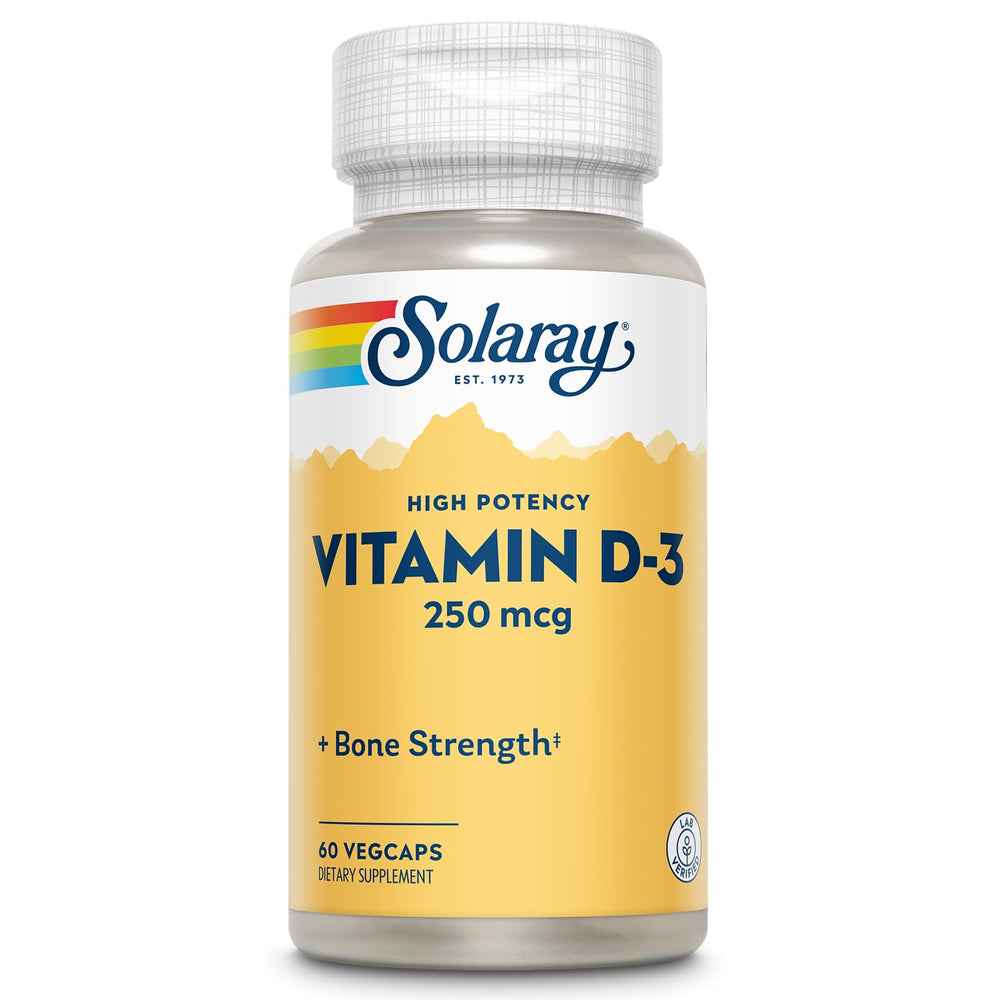SOLARAY Vitamin D3 10000IU bottle showcases high-potency supplement for bone support