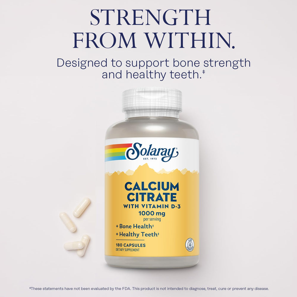 Solaray Calcium Citrate with Vitamin D3 capsules support calcium absorption.
