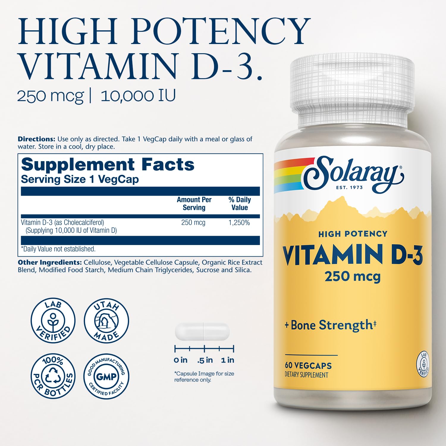 SOLARAY D3 capsules close-up highlighting easy-to-swallow VegCaps for daily use