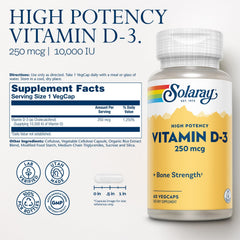 SOLARAY D3 capsules close-up highlighting easy-to-swallow VegCaps for daily use