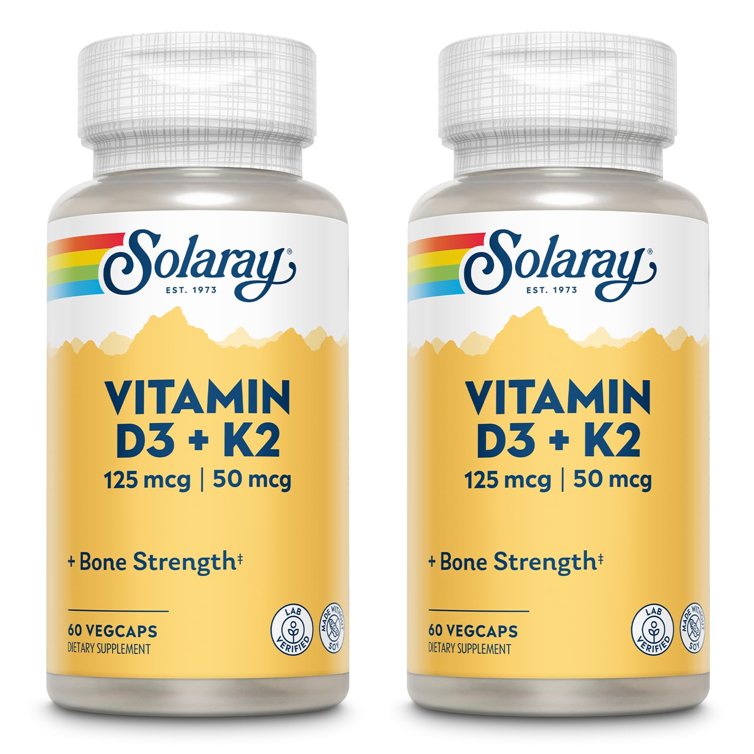 SOLARAY Vitamin D3 + K2 bottle closeup highlighting labeling for calcium support.