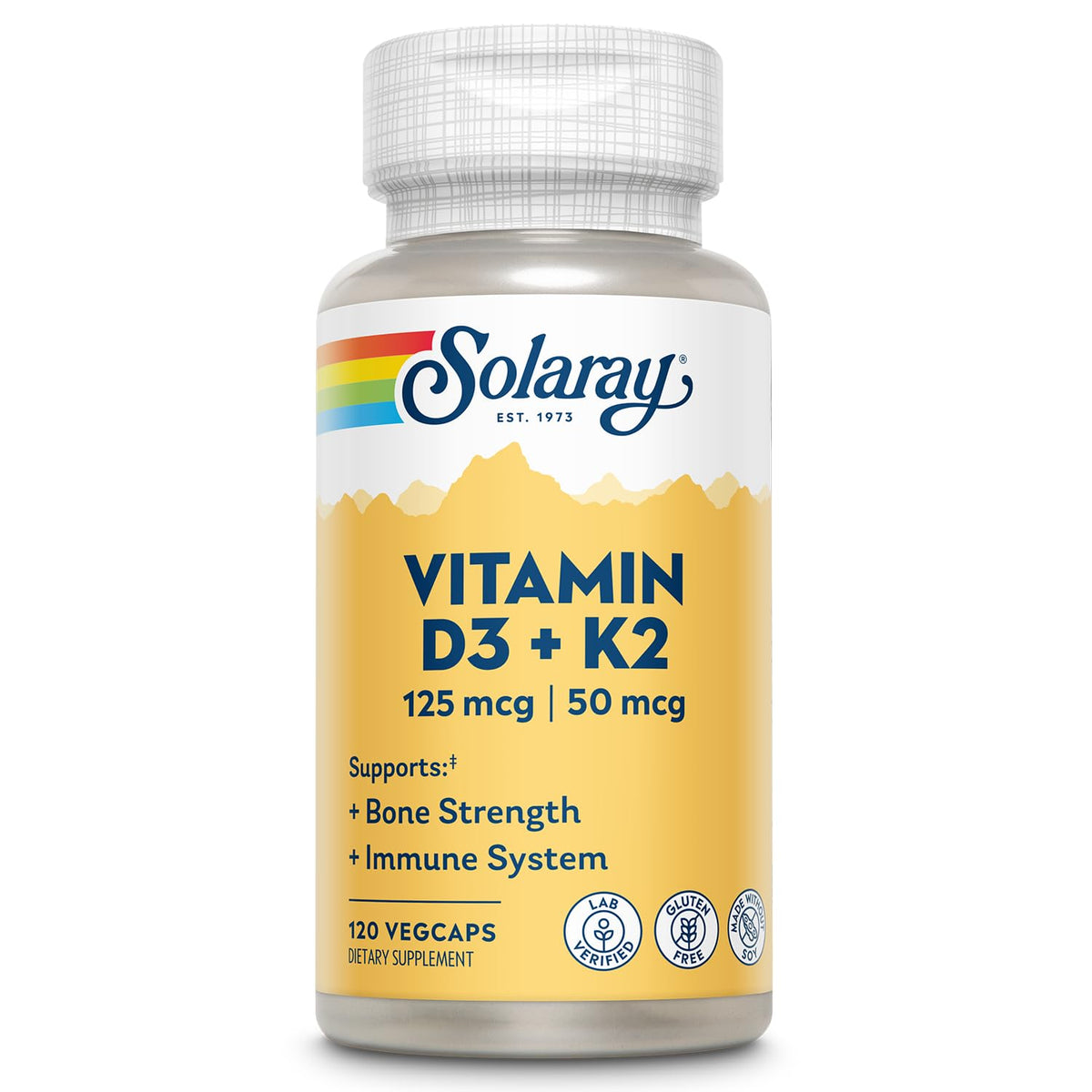 SOLARAY Vitamin D3 K2 bottle label highlights bone health support and calcium synergy.