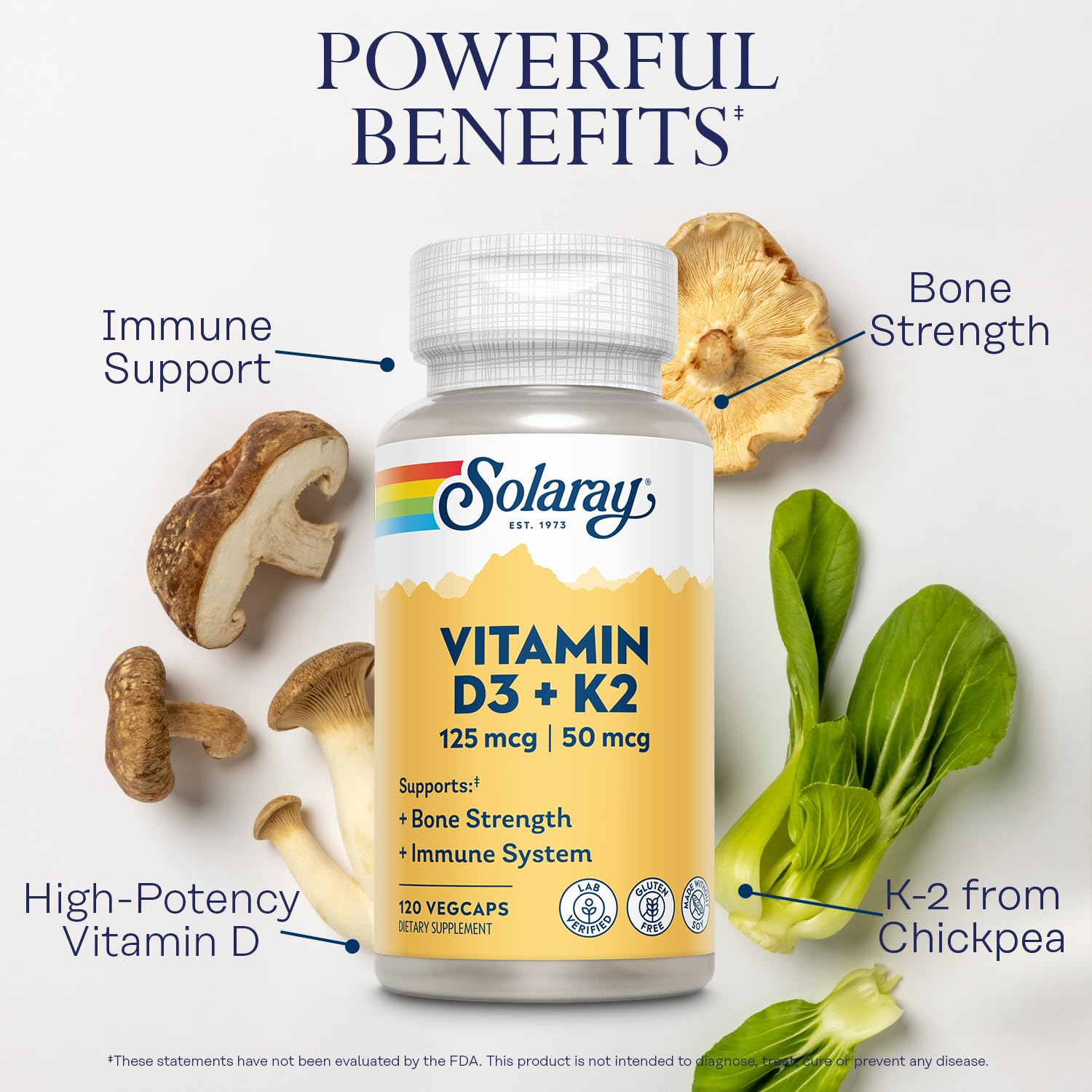 SOLARAY Vitamin D3 K2 bottle open ready for a convenient serving.