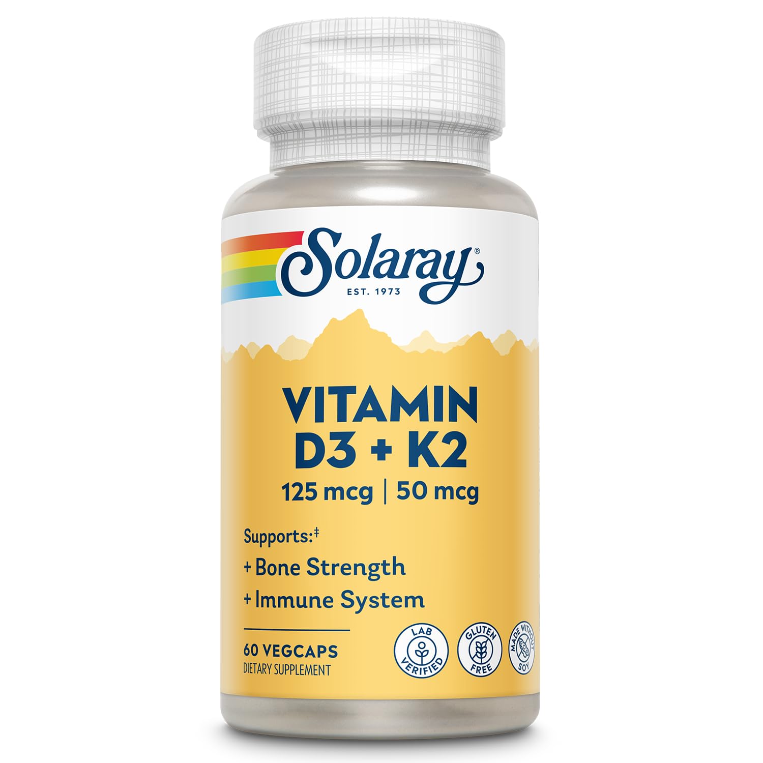 Solaray Vitamin D3 K2 bottle shows the potent blend for bone support and daily use.
