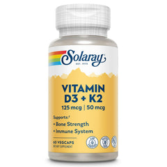 Solaray Vitamin D3 K2 bottle shows the potent blend for bone support and daily use.