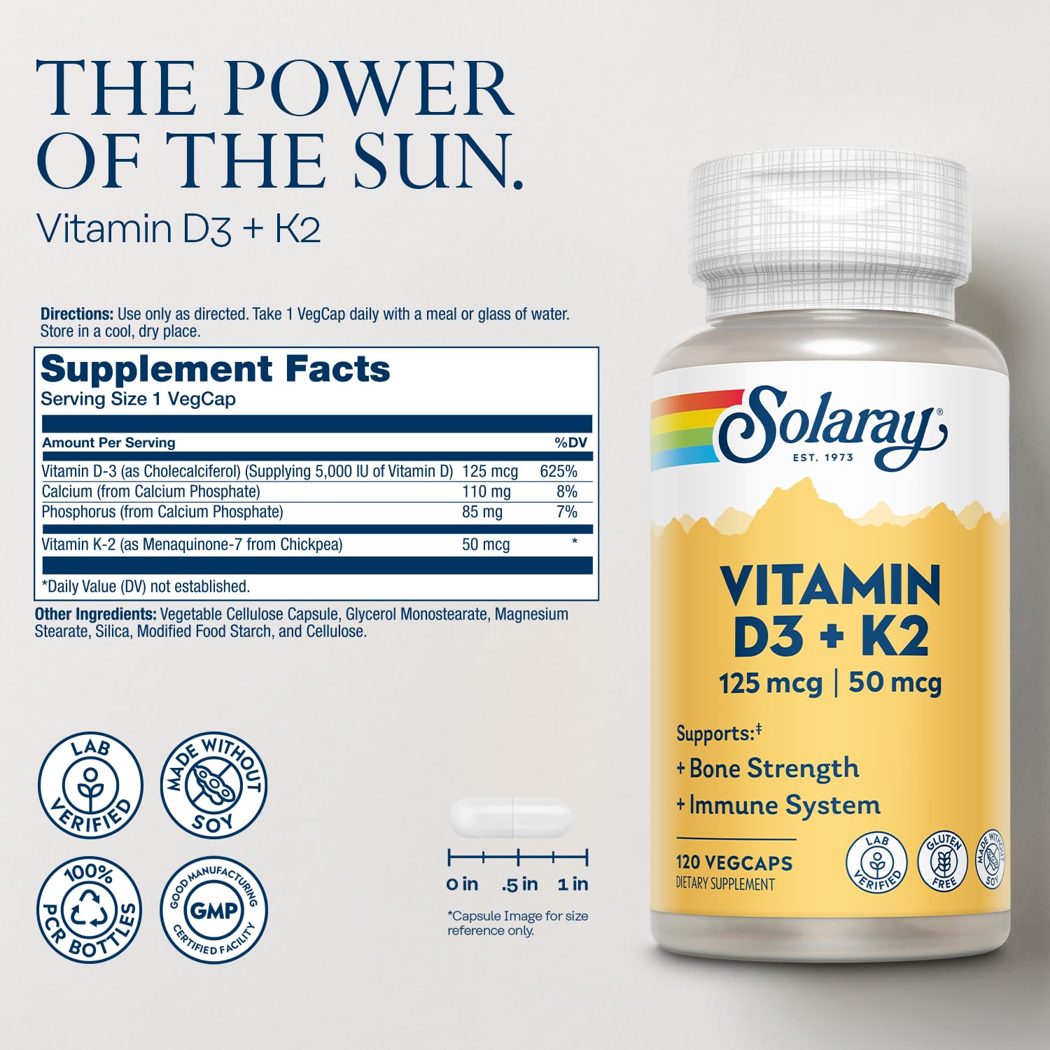 SOLARAY Vitamin D3 K2 capsules neatly arranged for easy daily supplementation.