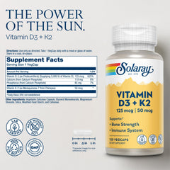 SOLARAY Vitamin D3 K2 capsules neatly arranged for easy daily supplementation.