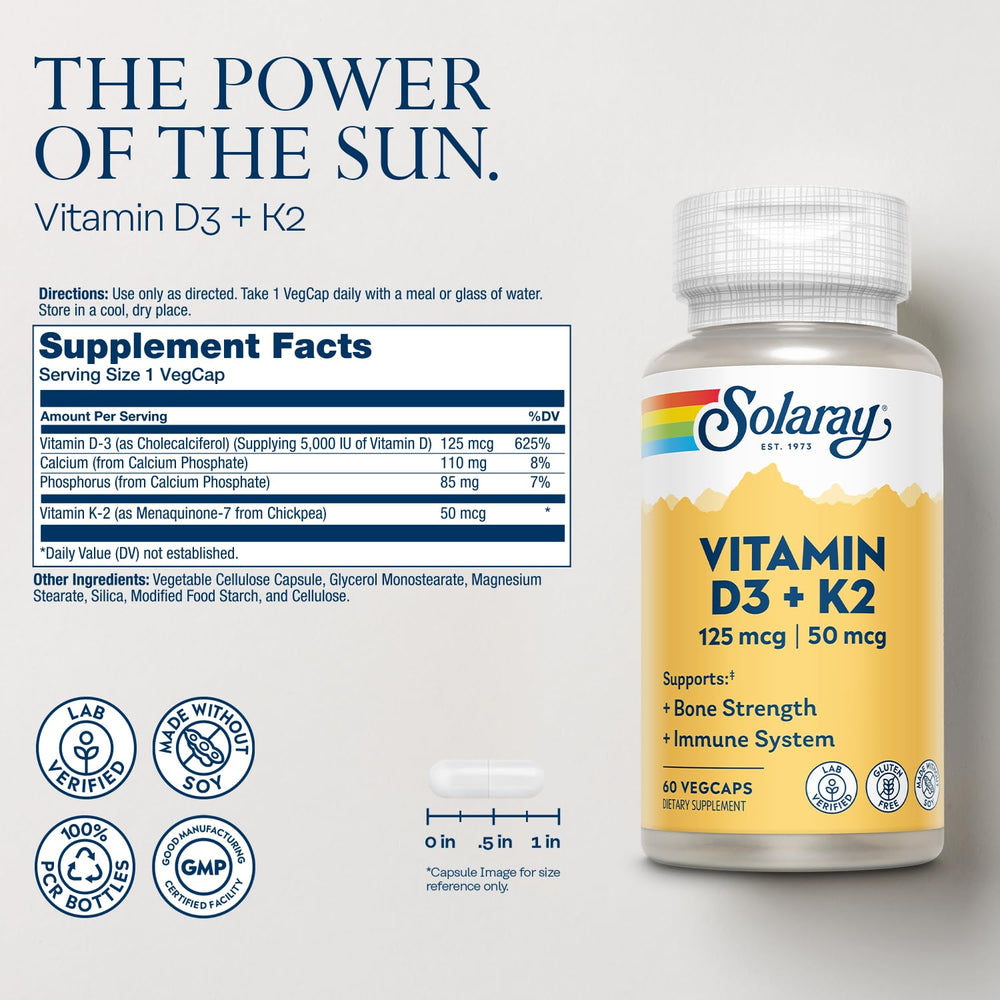 Solaray vitamin D3 K2 capsules close-up highlighting the VegCaps format.