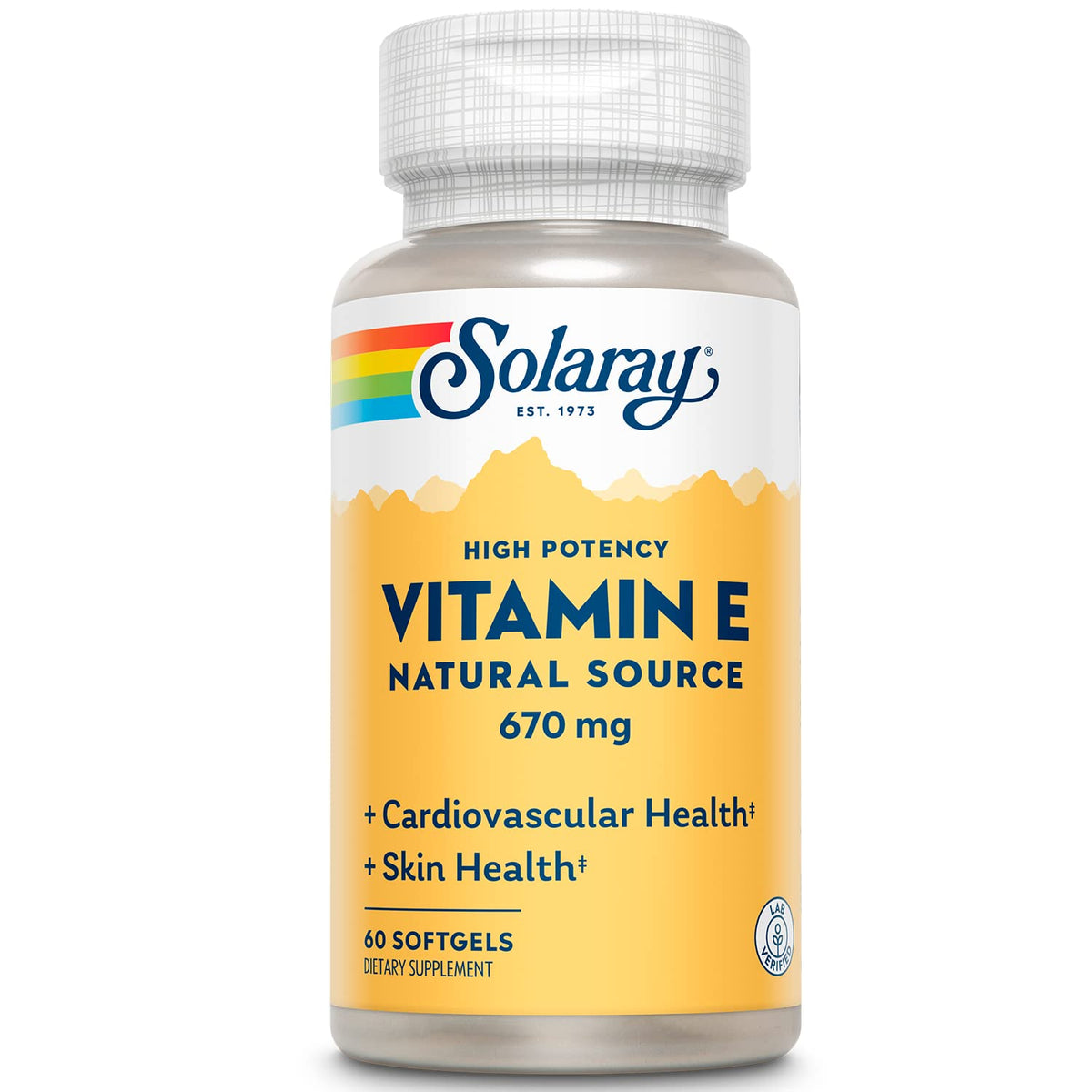 SOLARAY Vitamin E 1000 IU softgels bottle for daily antioxidant support.