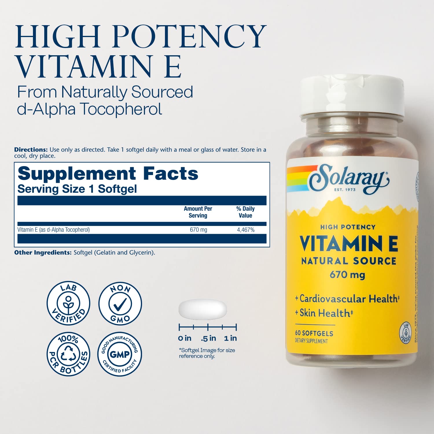 Close-up of SOLARAY Vitamin E softgels emphasizing high potency formula.