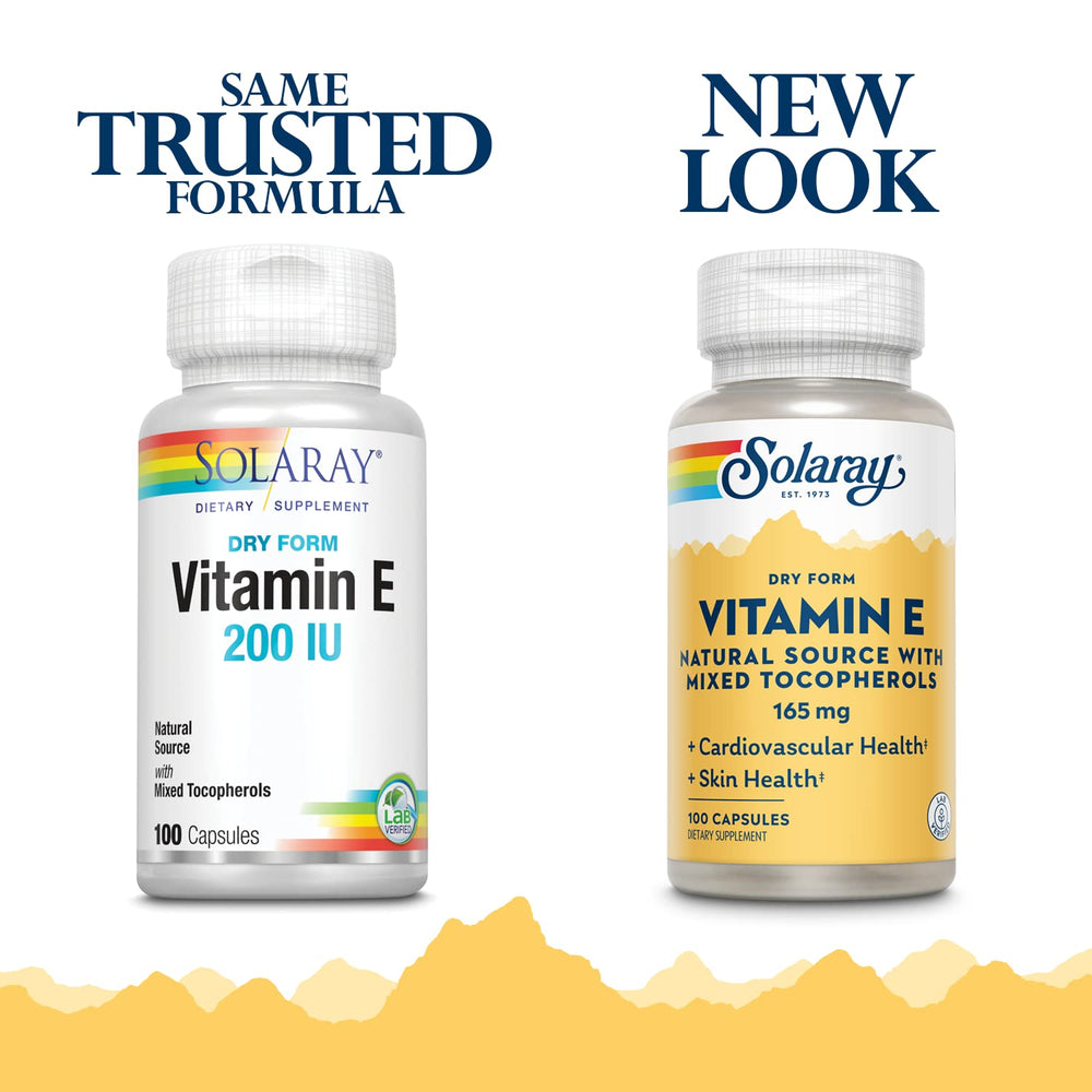SOLARAY Vitamin E Dry 200 IU bottle label showing mixed tocopherols