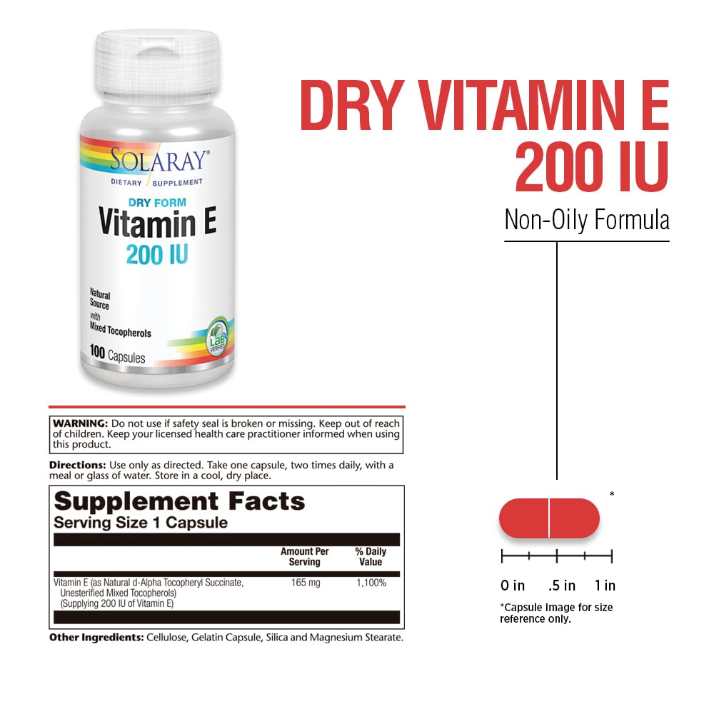 SOLARAY Vitamin E Dry 200 IU capsules close-up emphasizing non-oily form